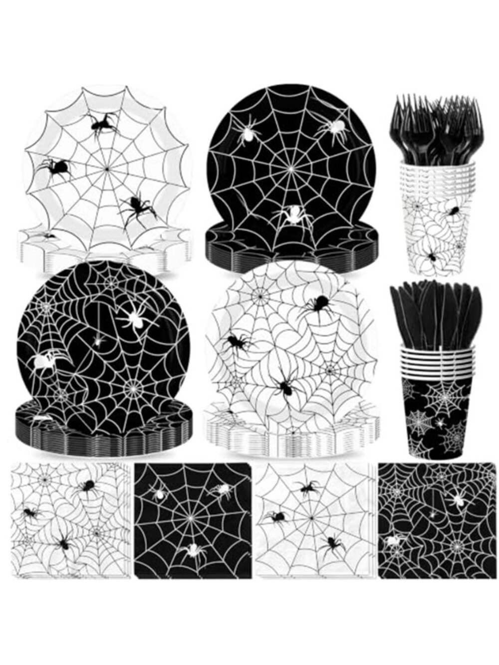 144 Pcs Halloween Plates and Napkins Set, Spider Web Tableware, Serves 24